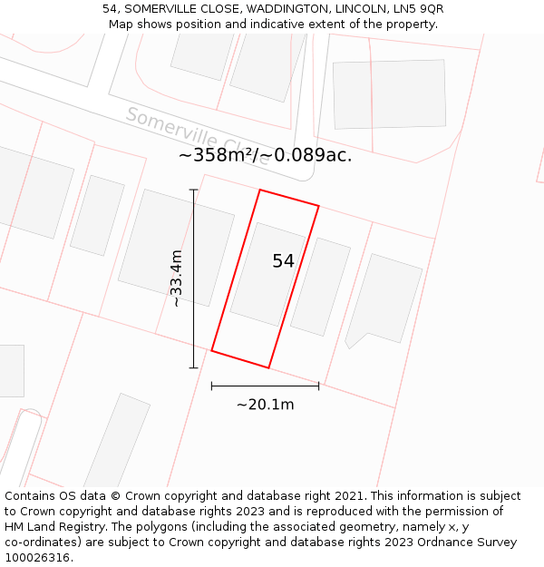 54, SOMERVILLE CLOSE, WADDINGTON, LINCOLN, LN5 9QR: Plot and title map