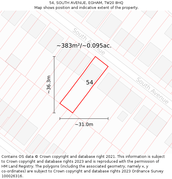 54, SOUTH AVENUE, EGHAM, TW20 8HQ: Plot and title map