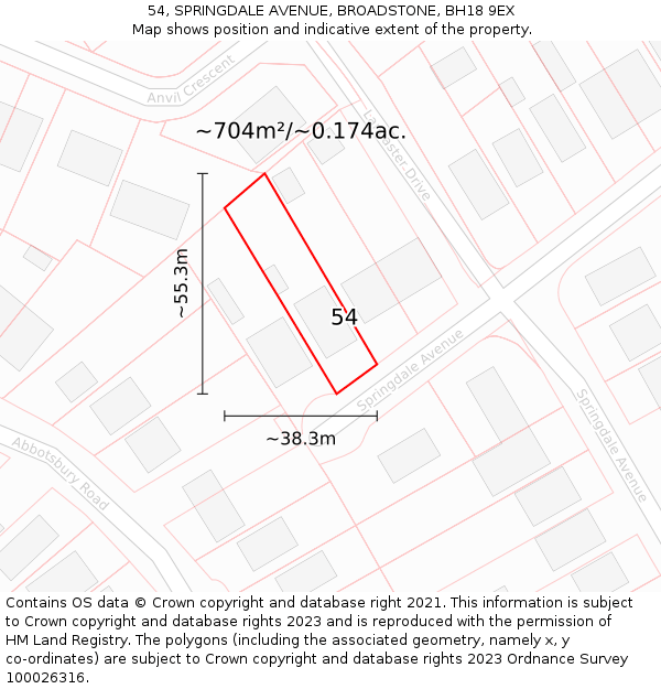 54, SPRINGDALE AVENUE, BROADSTONE, BH18 9EX: Plot and title map