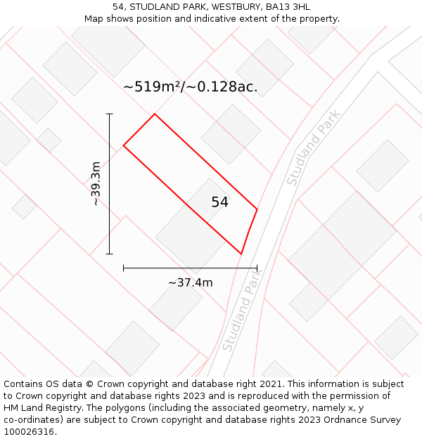 54, STUDLAND PARK, WESTBURY, BA13 3HL: Plot and title map