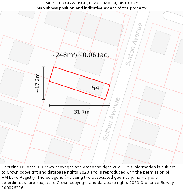 54, SUTTON AVENUE, PEACEHAVEN, BN10 7NY: Plot and title map