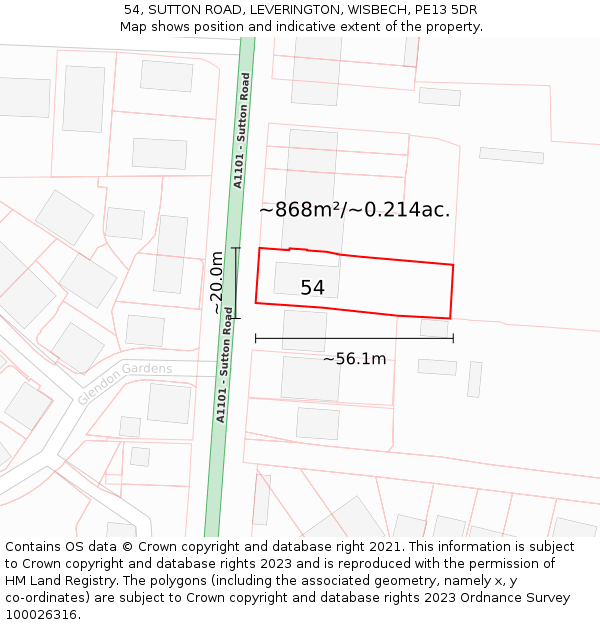 54, SUTTON ROAD, LEVERINGTON, WISBECH, PE13 5DR: Plot and title map