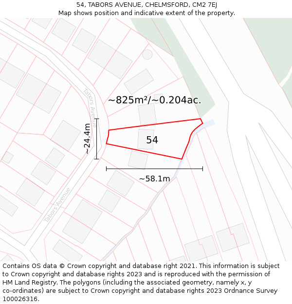 54, TABORS AVENUE, CHELMSFORD, CM2 7EJ: Plot and title map