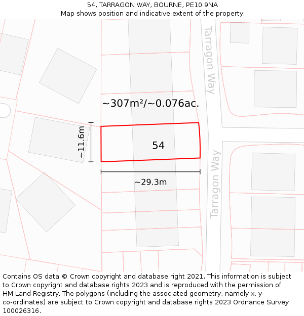 54, TARRAGON WAY, BOURNE, PE10 9NA: Plot and title map