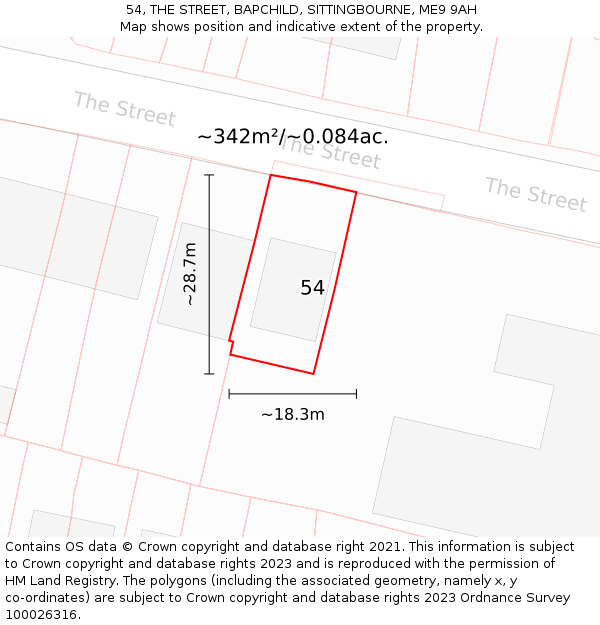 54, THE STREET, BAPCHILD, SITTINGBOURNE, ME9 9AH: Plot and title map