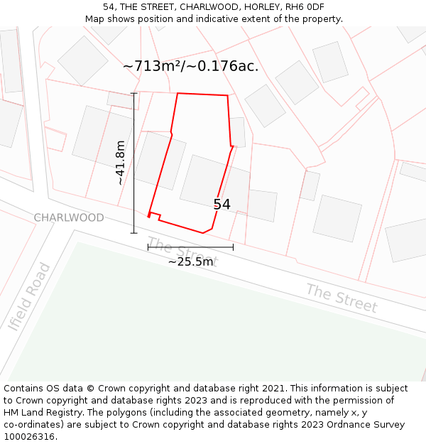 54, THE STREET, CHARLWOOD, HORLEY, RH6 0DF: Plot and title map