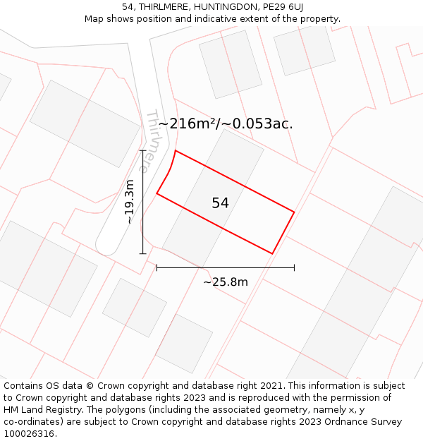 54, THIRLMERE, HUNTINGDON, PE29 6UJ: Plot and title map