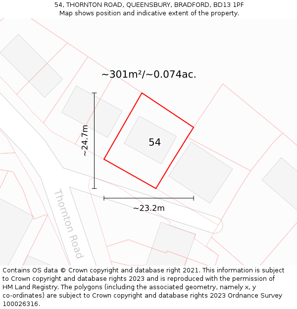 54, THORNTON ROAD, QUEENSBURY, BRADFORD, BD13 1PF: Plot and title map