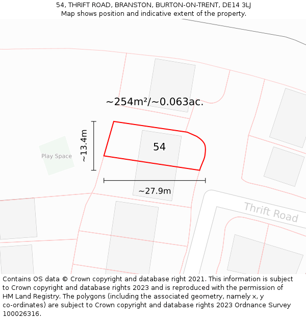 54, THRIFT ROAD, BRANSTON, BURTON-ON-TRENT, DE14 3LJ: Plot and title map