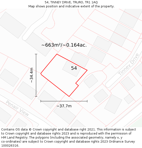 54, TINNEY DRIVE, TRURO, TR1 1AQ: Plot and title map