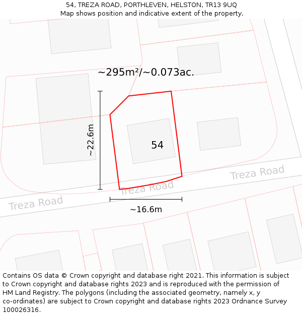 54, TREZA ROAD, PORTHLEVEN, HELSTON, TR13 9UQ: Plot and title map