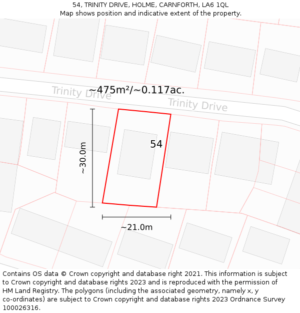 54, TRINITY DRIVE, HOLME, CARNFORTH, LA6 1QL: Plot and title map