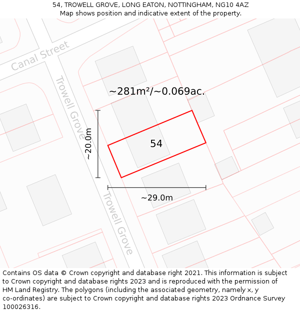 54, TROWELL GROVE, LONG EATON, NOTTINGHAM, NG10 4AZ: Plot and title map