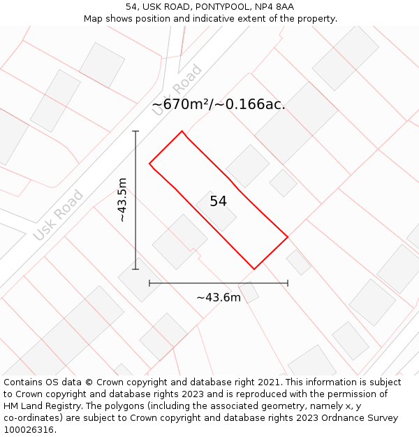 54, USK ROAD, PONTYPOOL, NP4 8AA: Plot and title map