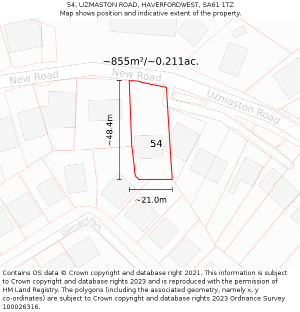 54, UZMASTON ROAD, HAVERFORDWEST, SA61 1TZ: Plot and title map