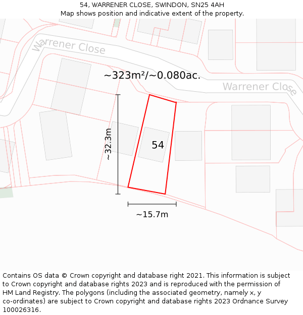 54, WARRENER CLOSE, SWINDON, SN25 4AH: Plot and title map