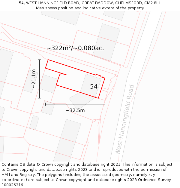 54, WEST HANNINGFIELD ROAD, GREAT BADDOW, CHELMSFORD, CM2 8HL: Plot and title map
