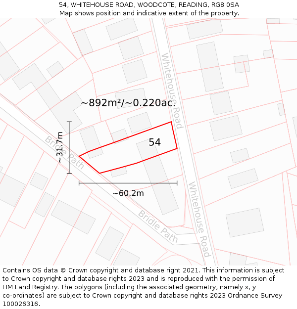 54, WHITEHOUSE ROAD, WOODCOTE, READING, RG8 0SA: Plot and title map