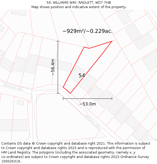 54, WILLIAMS WAY, RADLETT, WD7 7HB: Plot and title map