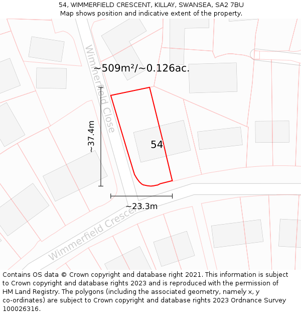 54, WIMMERFIELD CRESCENT, KILLAY, SWANSEA, SA2 7BU: Plot and title map