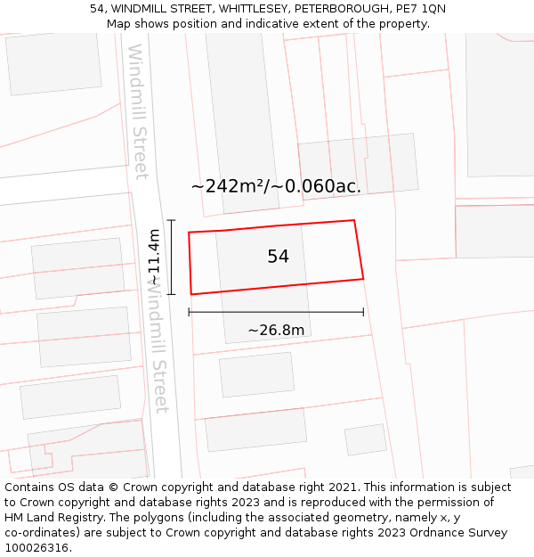 54, WINDMILL STREET, WHITTLESEY, PETERBOROUGH, PE7 1QN: Plot and title map