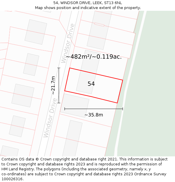 54, WINDSOR DRIVE, LEEK, ST13 6NL: Plot and title map