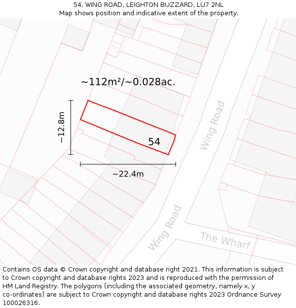 54, WING ROAD, LEIGHTON BUZZARD, LU7 2NL: Plot and title map