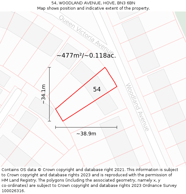 54, WOODLAND AVENUE, HOVE, BN3 6BN: Plot and title map