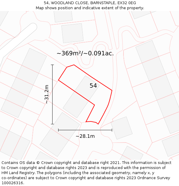 54, WOODLAND CLOSE, BARNSTAPLE, EX32 0EG: Plot and title map