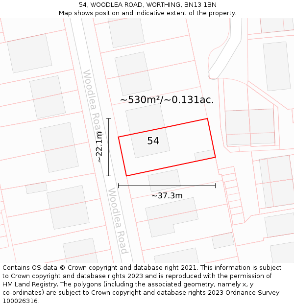 54, WOODLEA ROAD, WORTHING, BN13 1BN: Plot and title map