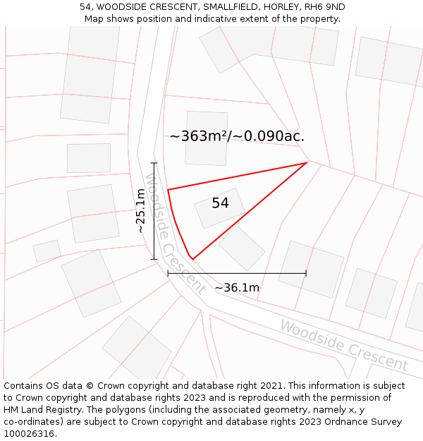 54, WOODSIDE CRESCENT, SMALLFIELD, HORLEY, RH6 9ND: Plot and title map