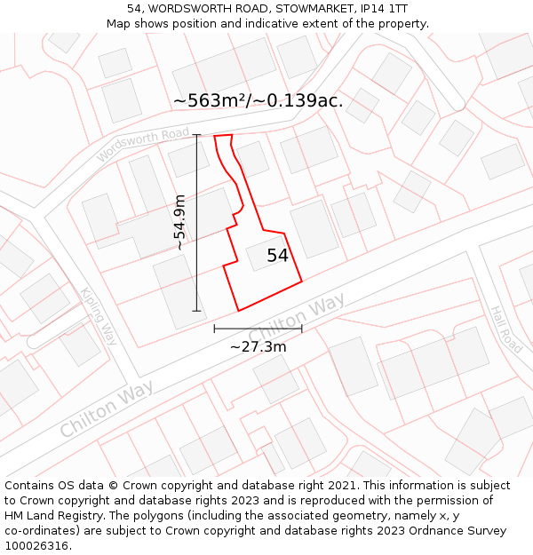 54, WORDSWORTH ROAD, STOWMARKET, IP14 1TT: Plot and title map