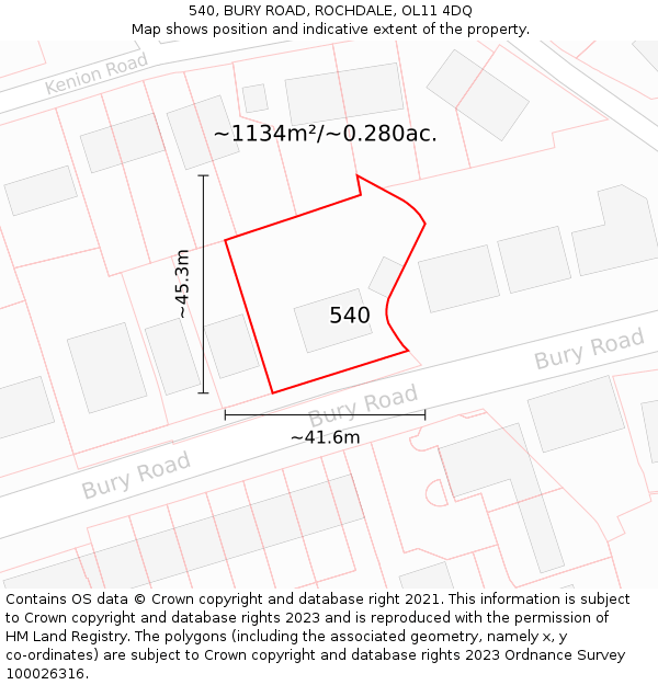 540, BURY ROAD, ROCHDALE, OL11 4DQ: Plot and title map