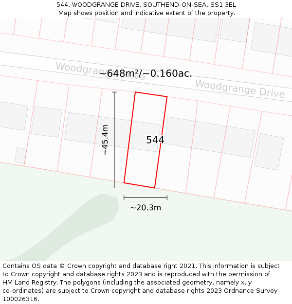 544, WOODGRANGE DRIVE, SOUTHEND-ON-SEA, SS1 3EL: Plot and title map