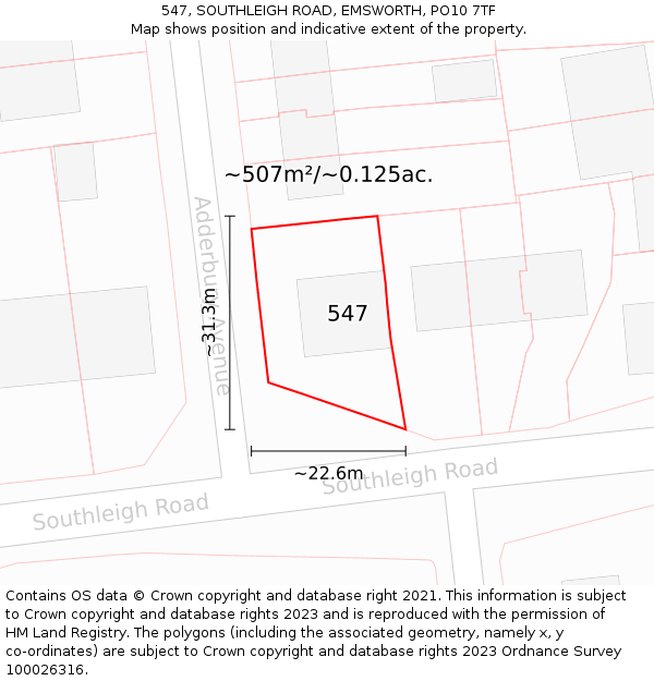 547, SOUTHLEIGH ROAD, EMSWORTH, PO10 7TF: Plot and title map