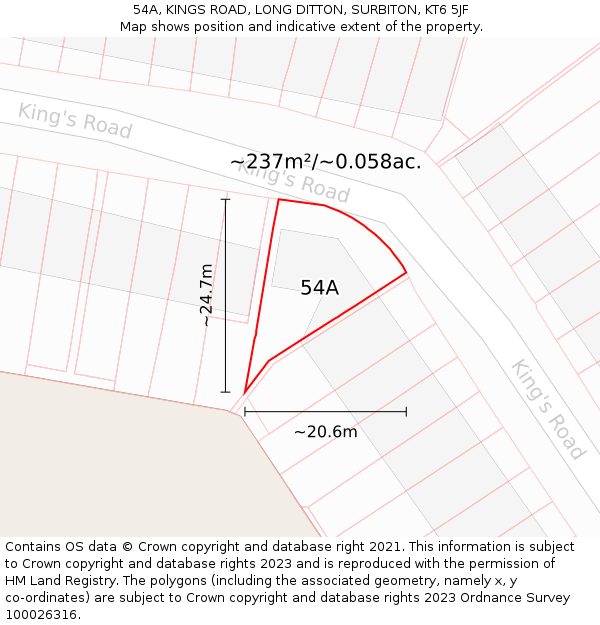 54A, KINGS ROAD, LONG DITTON, SURBITON, KT6 5JF: Plot and title map