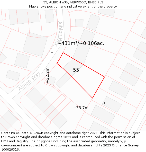 55, ALBION WAY, VERWOOD, BH31 7LS: Plot and title map