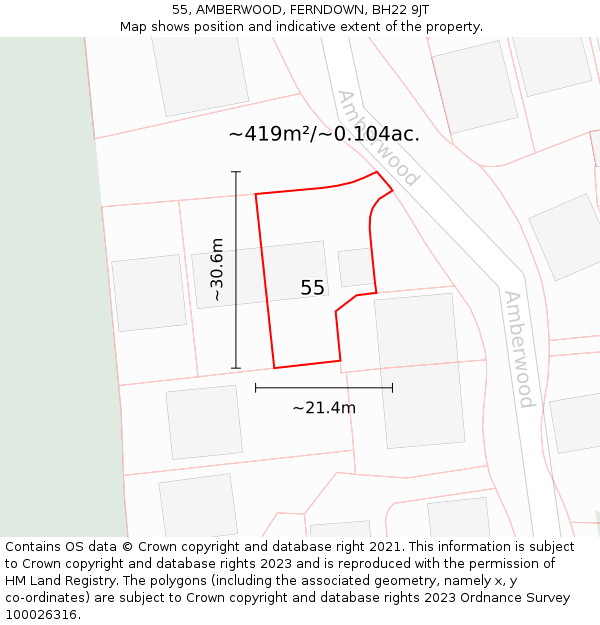 55, AMBERWOOD, FERNDOWN, BH22 9JT: Plot and title map