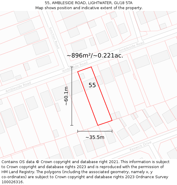 55, AMBLESIDE ROAD, LIGHTWATER, GU18 5TA: Plot and title map