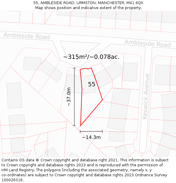 55, AMBLESIDE ROAD, URMSTON, MANCHESTER, M41 6QX: Plot and title map