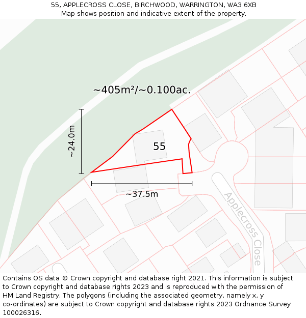 55, APPLECROSS CLOSE, BIRCHWOOD, WARRINGTON, WA3 6XB: Plot and title map