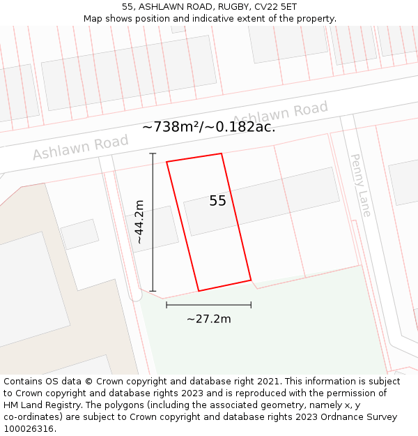 55, ASHLAWN ROAD, RUGBY, CV22 5ET: Plot and title map