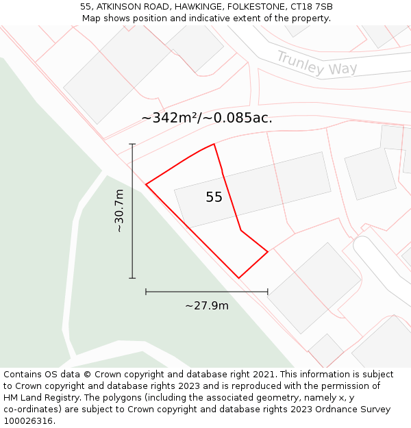 55, ATKINSON ROAD, HAWKINGE, FOLKESTONE, CT18 7SB: Plot and title map