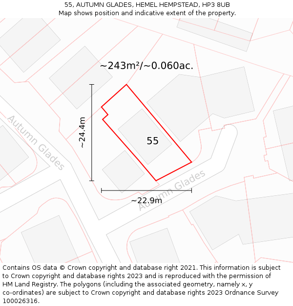 55, AUTUMN GLADES, HEMEL HEMPSTEAD, HP3 8UB: Plot and title map