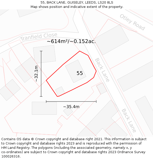 55, BACK LANE, GUISELEY, LEEDS, LS20 8LS: Plot and title map