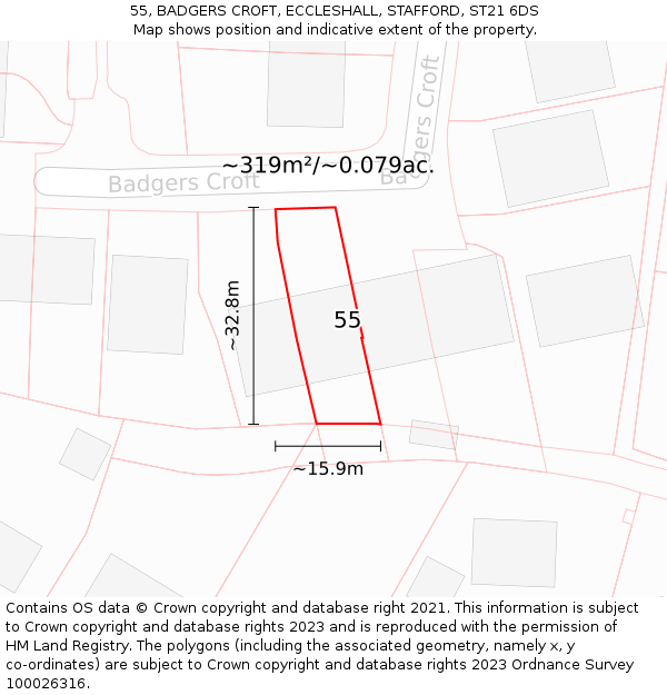 55, BADGERS CROFT, ECCLESHALL, STAFFORD, ST21 6DS: Plot and title map