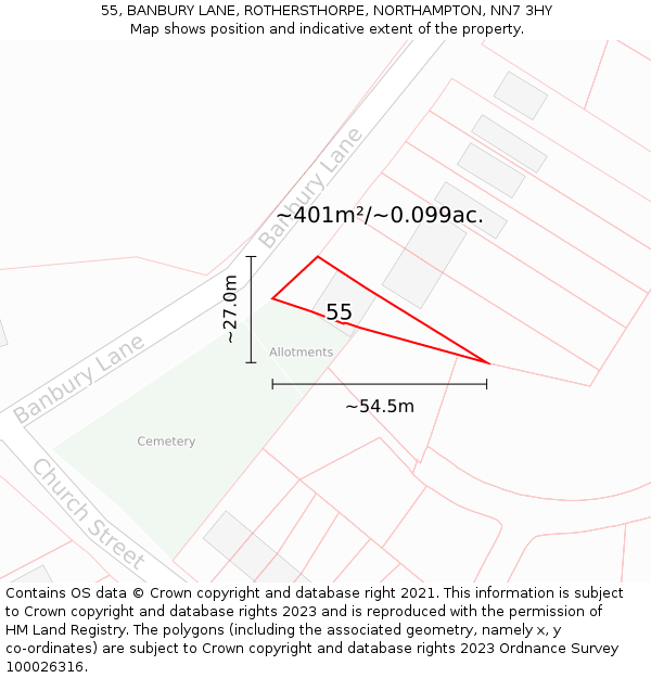 55, BANBURY LANE, ROTHERSTHORPE, NORTHAMPTON, NN7 3HY: Plot and title map