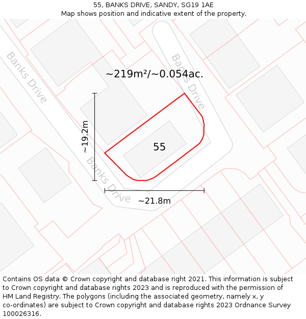 55, BANKS DRIVE, SANDY, SG19 1AE: Plot and title map