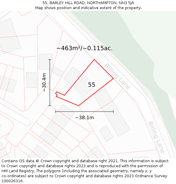 55, BARLEY HILL ROAD, NORTHAMPTON, NN3 5JA: Plot and title map