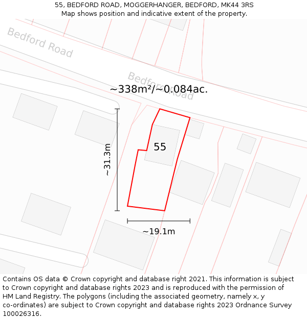 55, BEDFORD ROAD, MOGGERHANGER, BEDFORD, MK44 3RS: Plot and title map